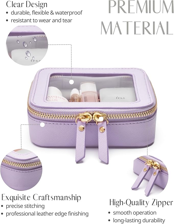 Small Cosmetic Bag for Purse Mini Makeup Bag for School Cute Clear Make Up Pouch for Travel Tiny Leather Purple Make Up Organizer Case for Backpack Toiletry Bag Waterproof Square Pouch with Zipper