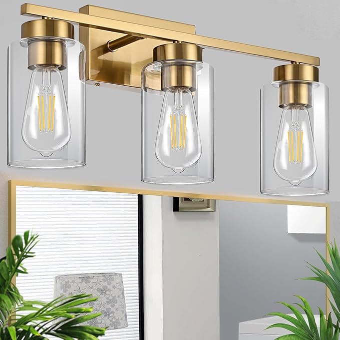 A1A9 3-Light Bathroom Vanity Light, Modern Brushed Gold Wall Lights with Clear Glass Shades, Bathroom Wall Sconce Lamp for Mirror Living Room Bedroom Hallway