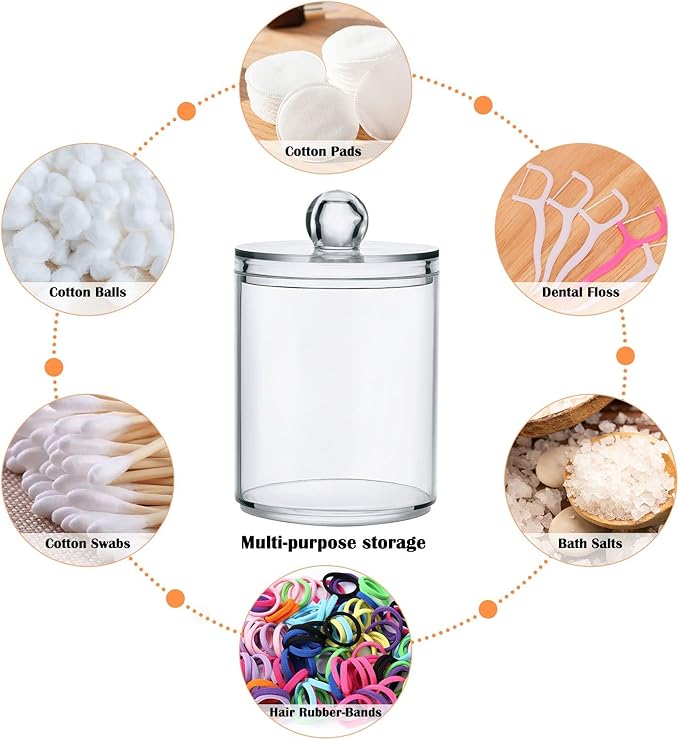 White Qtip Holder Organizer Dispenser Cotton Swabs Cans Plastic Jars with Lid Set 4 Pack Bathroom Storage Canister for Cotton Ball Floss Cotton Pads