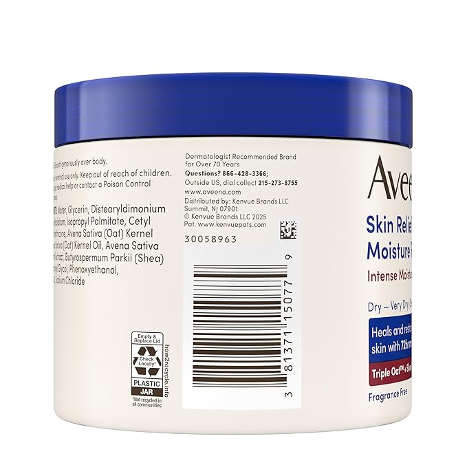 Aveeno Skin Relief Intense Moisture Repair Body Cream with Triple Oat & Shea Butter Formula, Moisturizing Cream Heals & Restores Very Dry Skin with Long-Lasting Moisture, Fragrance-Free, 11 Oz