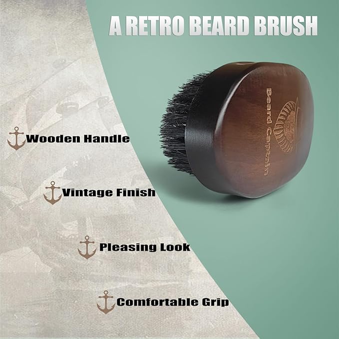 Beard Captain 100% Boar Bristle Beard Brush for Man – Retro Wooden Handle, Promotes Beards Growth & Softens, Travel Size