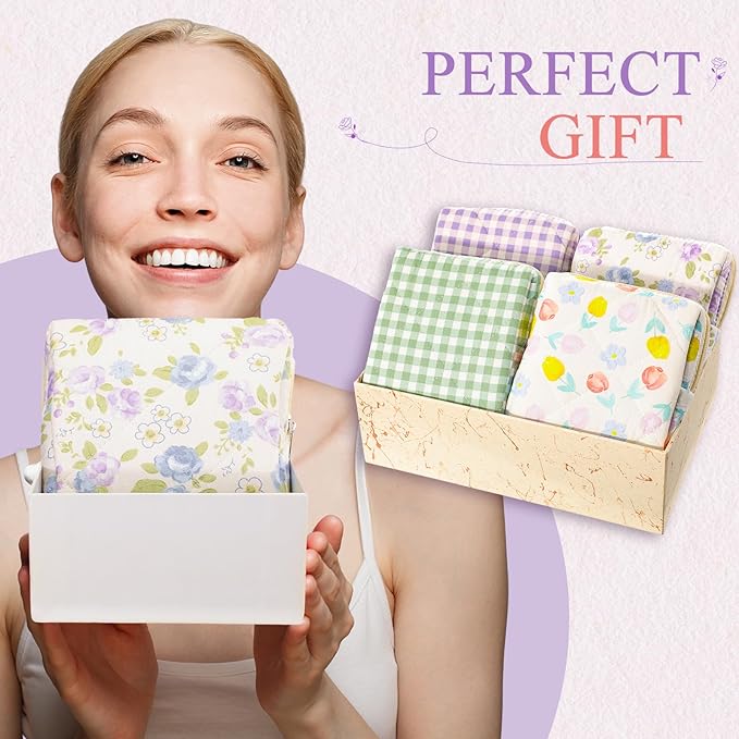 Paterr 4 Pcs Mini Quilted Floral Makeup Bag Blue Purple Flower Cosmetic Bag Small Gingham Quilted Pouch with Zipper Cute Cotton Travel Toiletry Bags for Girls Back to School Teacher Students Gifts