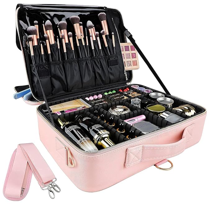 gzcz Large Capacity Travel Makeup Case Organizer,Professional Cosmetic Bags for Women,Waterproof PU Leather Makeup Bag with Adjustable Dividers and Shoulder Strap for Brushes and Jewelry
