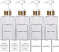 EZPRO USA Empty Plastic Square Bottles Pump Shampoo Conditioner Body Wash Face, in Shower Bathroom Dispenser, Waterproof Permanent Labels, 27oz 800ml Set of 4 (Clear Plastic, Gold White Pump)