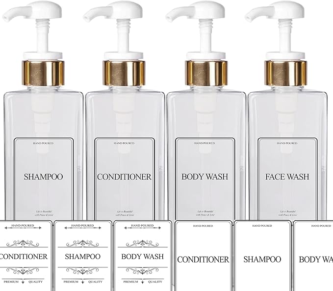 EZPRO USA Empty Plastic Square Bottles Pump Shampoo Conditioner Body Wash Face, in Shower Bathroom Dispenser, Waterproof Permanent Labels, 27oz 800ml Set of 4 (Clear Plastic, Gold White Pump)