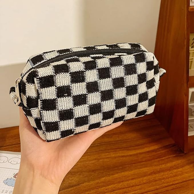 SxoSyo 2 Pcs Checkered Cosmetic Bags, Makeup Brushes Cases, Black
