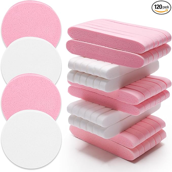 120 Pcs Facial Sponge Compressed, Luxiv Face Cleansing Sponge Estheticians Compressed Makeup Facial Sponge Round Wash Face Sponges for Women Compress Exfoliating Removal Sponge (White+Pink)