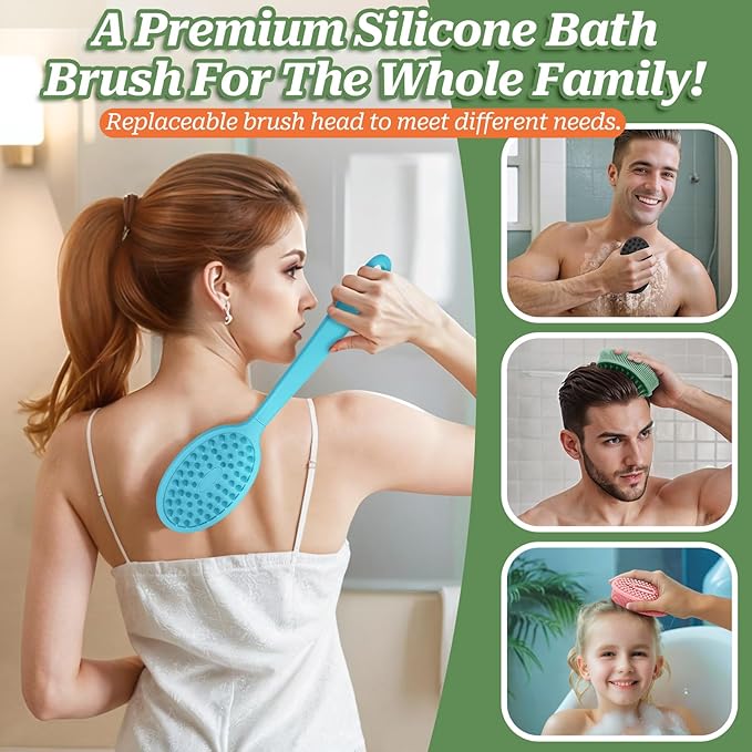 Silicone Face & Back Scrubber Set, Manual Face & Body Scrubber Exfoliator with Soft Bristles and Non-Slip Handle, Back Brush Bath Brush with 2 Detachable Brush Heads(3PCS Blue Set)