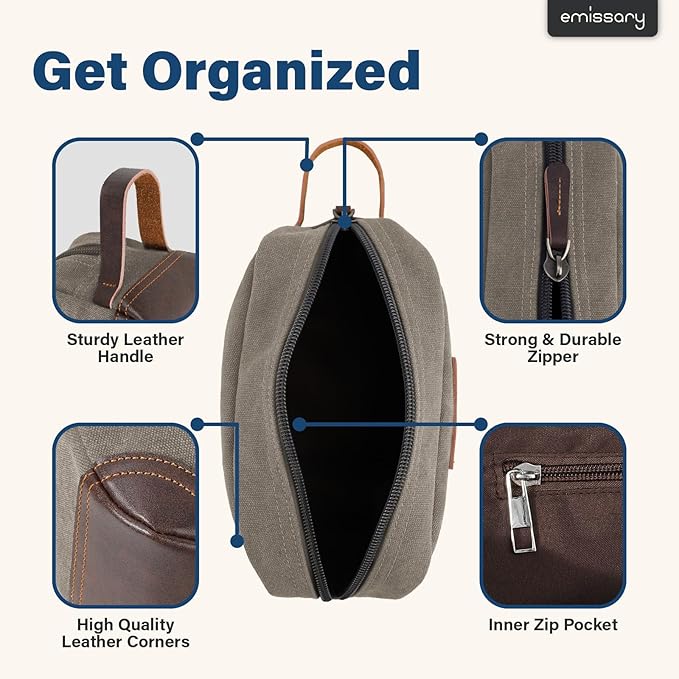emissary Men's Canvas Travel Toiletry Bag, Leather Dopp Kit - Light Gray