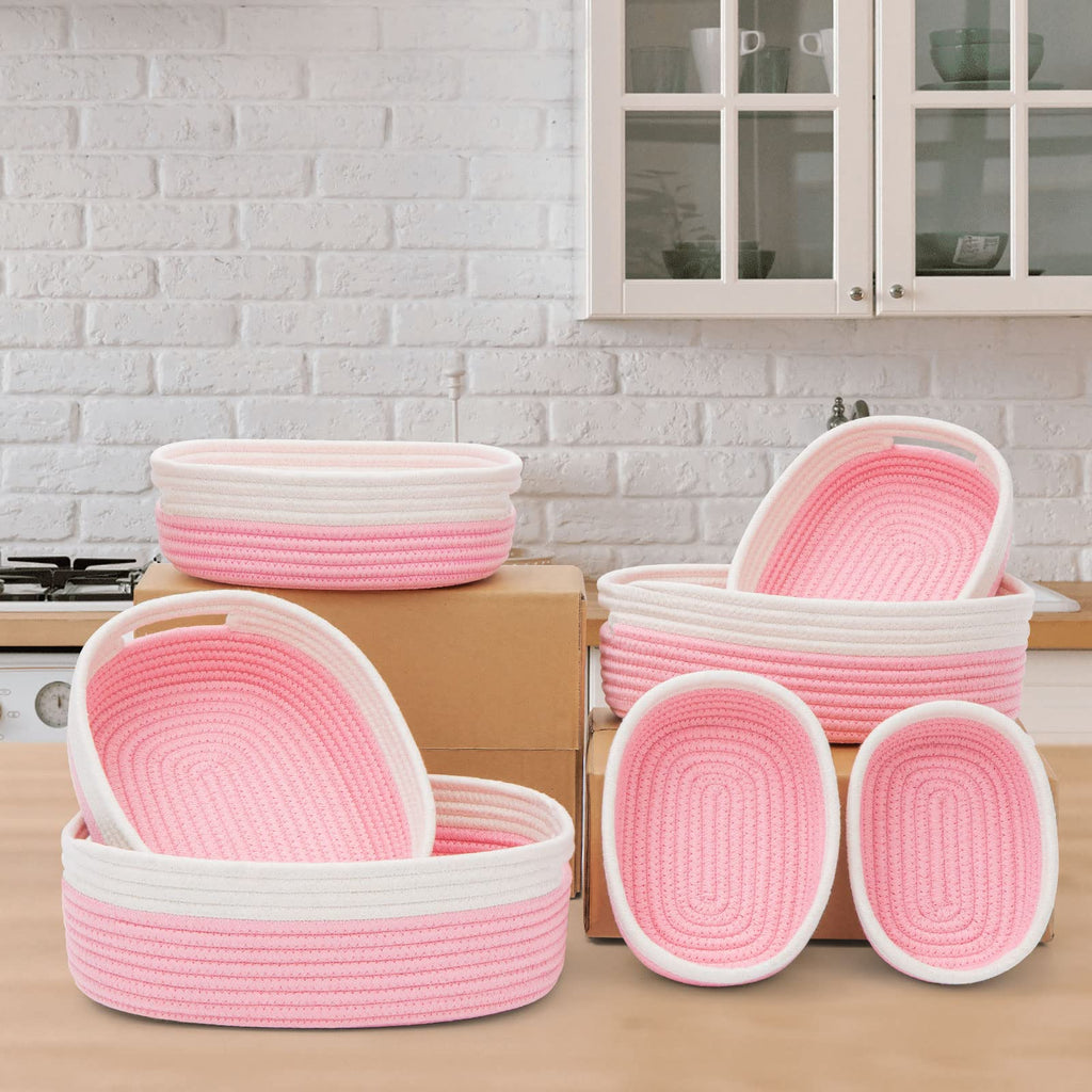 HLWDFLZ 7 Piece Cotton Rope Woven Basket Set - Small Basket for Baby Nursery, Pets, Montessori, Dog & Cat Toy Boxes, Bathroom Organization Bins (White/Pink)