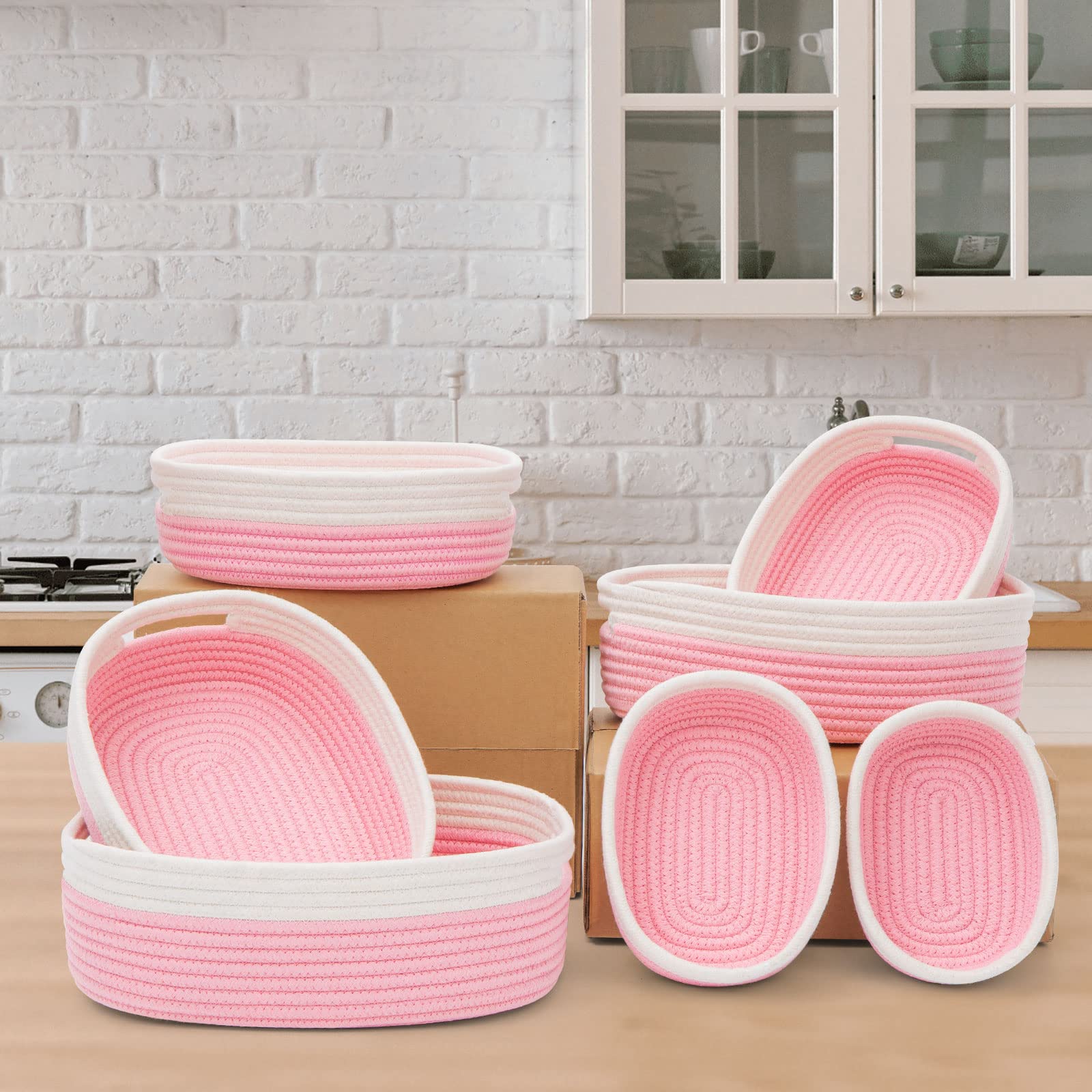HLWDFLZ 7 Piece Cotton Rope Woven Basket Set - Small Basket for Baby Nursery, Pets, Montessori, Dog & Cat Toy Boxes, Bathroom Organization Bins (White/Pink)
