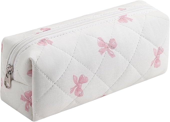 HHQQWZ Cute Floral Cotton Makeup Brush Cosmetic Bag for Women, Travel Quilted Zipper Make Up Bag, Flowers Toiletry Organizer Case Kawaii Makeup Cosmetic Travel Cloth Pouch (Pink Bow Tie)