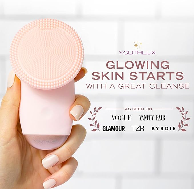 YOUTHLUX SoniGlow Silicone Face Scrubber/Facial Cleansing Brush – Electric Vibrating Skincare Scrubber Tool for Deep Pore Cleansing, Gentle Massage, Makeup Removal, Waterproof and Rechargeable (Pink)