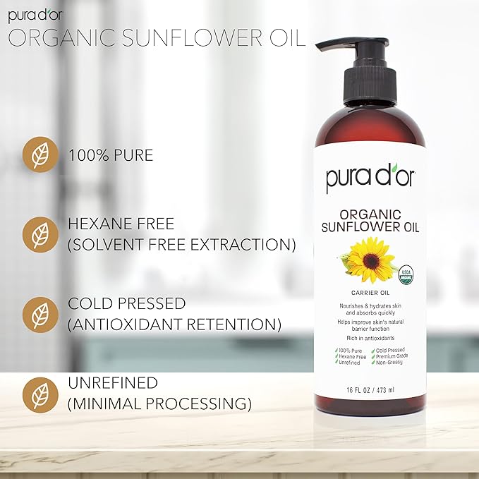 PURA D'OR ORGANIC Sunflower Seed Oil (16 Oz) 100% Pure & Natural USDA Certified Cold Pressed Carrier Oil For DIY Beauty - Unscented, Hexane Free Liquid Moisturizer - Face Skin & Hair