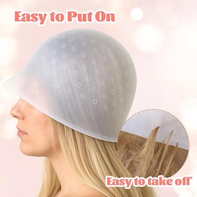 Sibba Hair Highlighting Cap with Punch Holes, Reusable Silicone Hair Coloring Highlight Cap Professional Dye Caps Set with Hook Needle Dual Combs for Home Salon Coloring Frosting