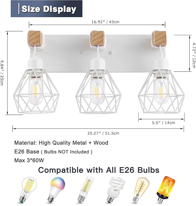White Bathroom Vanity Light Fixtures, 3-Light Wood Bathroom Light Fixtures Over Mirror, Rustic Sconces Wall Lighting with Elegant Metal Lampshade for Living Room, Bedroom, Hallway