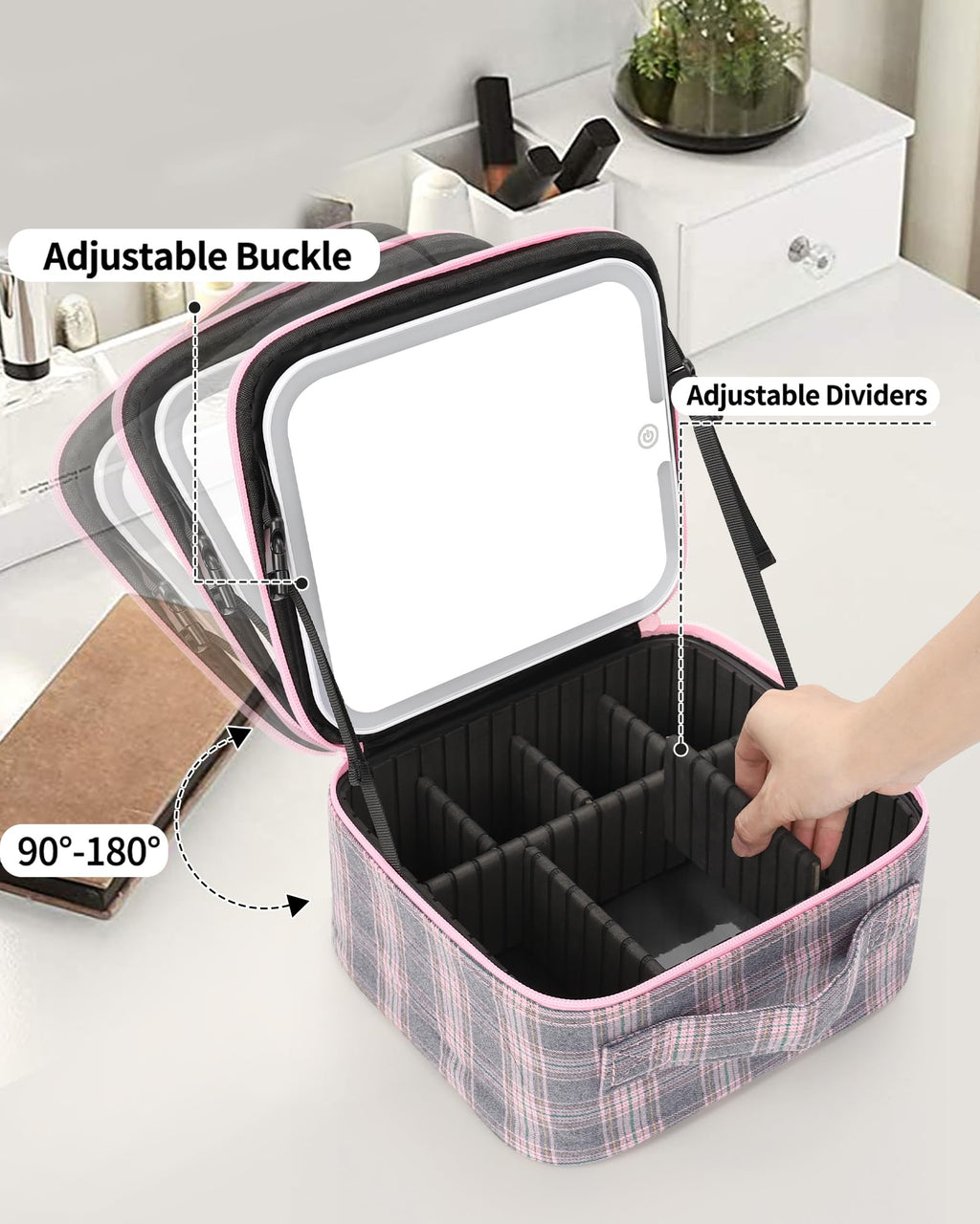 Relavel Travel Makeup Bag With LED Mirror, Portable Cosmetic Organizer Bag with Adjustable Brightness in 3 Color Scenarios, Small Train Case with Detachable Dividers for Trip- Grey Strip