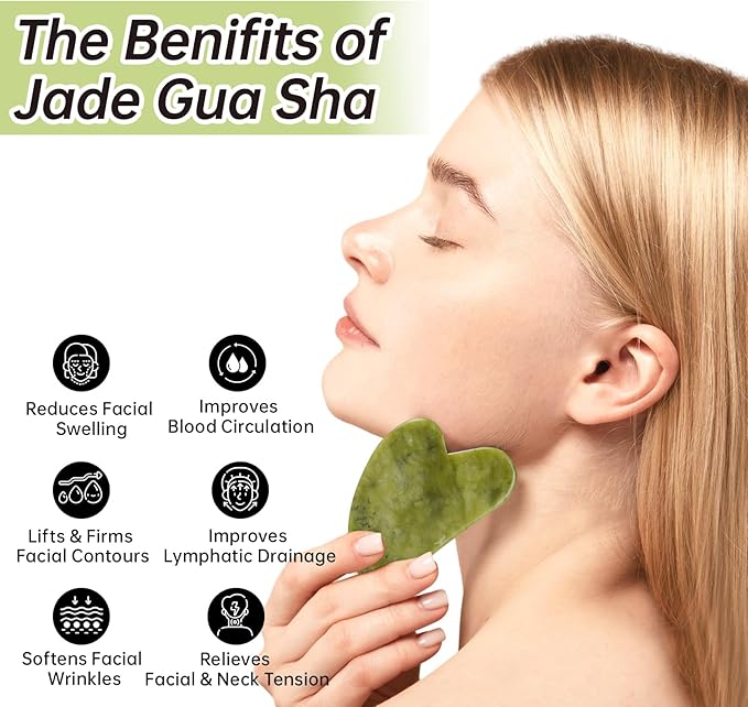 Olaemuo Jade Gua Sha and Face Roller, Real Jade Gua-Sha Stone Facial Tools Set for Reduce Puffiness, Body Guasha Tool for Relieve Neck Tension, Skincare Beauty Massager as Present for Women, Green