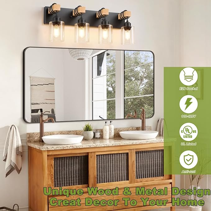 Licperron 4-Lights Farmhouse Vanity Lights for Bathroom, Matte Black Bathroom Light Fixtures with Clear Glass Shade, Rustic Wood Wall Lighting Fixtures Over Mirror for Bedroom, Living Room, Hallway