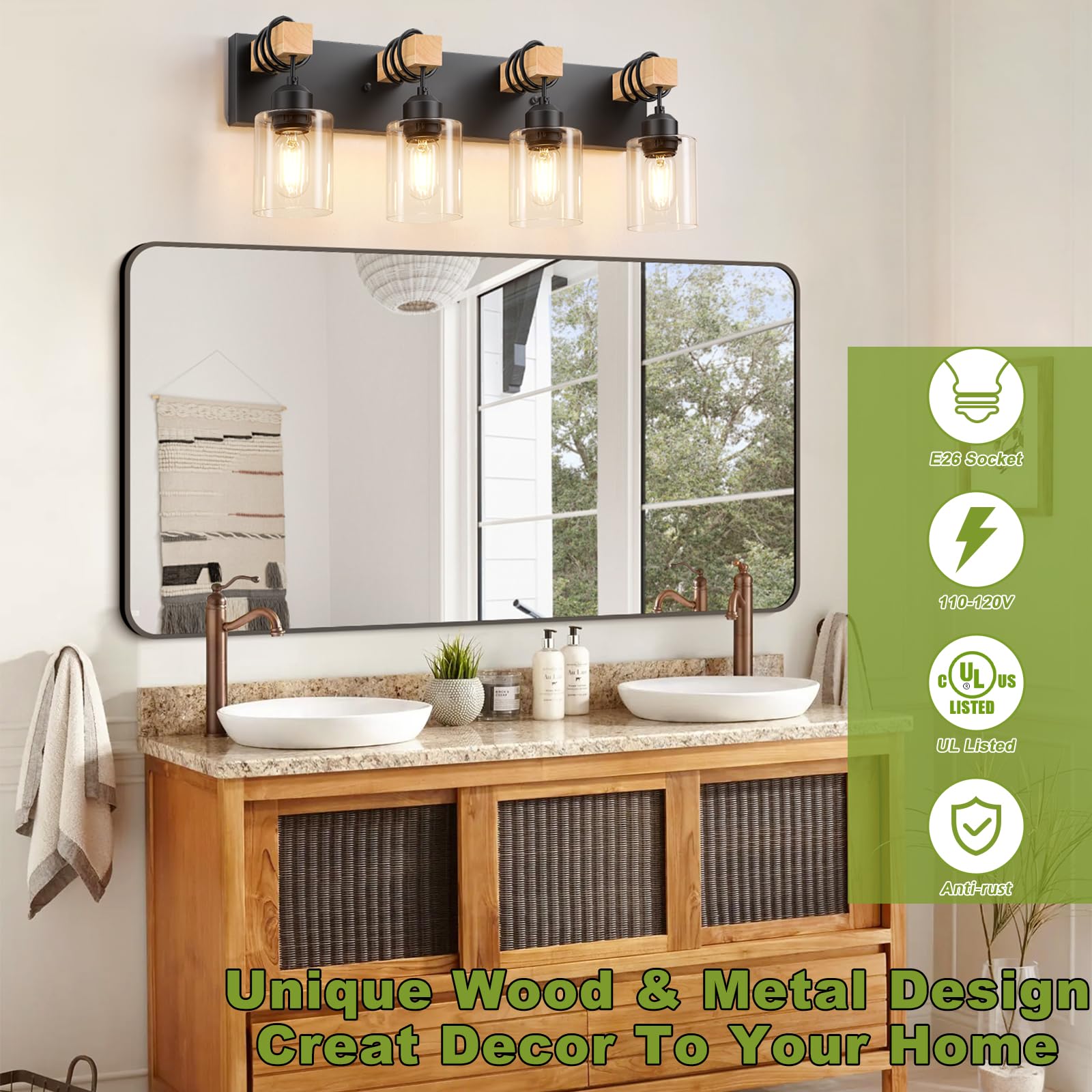 Licperron 4-Lights Farmhouse Vanity Lights for Bathroom, Matte Black Bathroom Light Fixtures with Clear Glass Shade, Rustic Wood Wall Lighting Fixtures Over Mirror for Bedroom, Living Room, Hallway