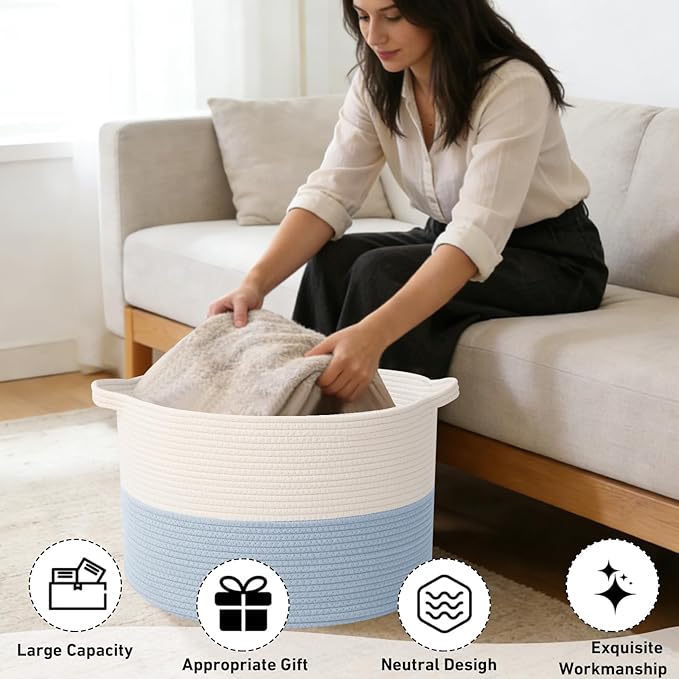 65L Large Blanket Basket,19.7" L x 19.7" W x 13" H Rope Woven Baskets with Handles, Toys Storage Bins,Laundry Basket Perfect for Living Room, Nursery,Bedroom,Home Organization,White&Blue