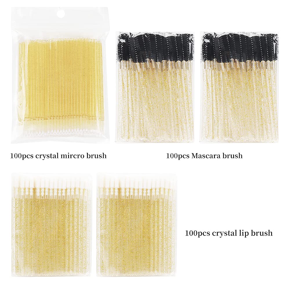300 PCS Eyelash Extension Supplies Kit Disposable Micro Swab Brush Eyebrow Spoolies Lip Stick Brush Mascara Wand Applicator Makeup Brush Tool(all gold kits)