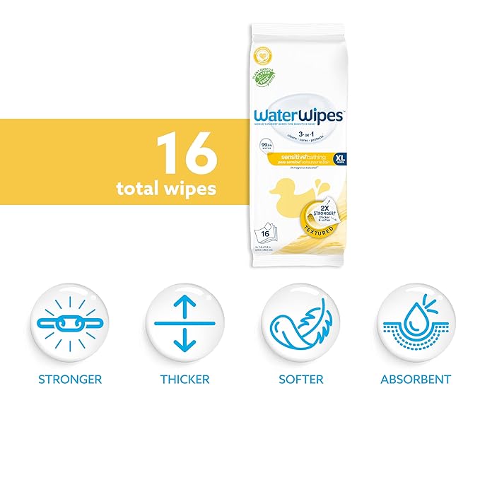 WaterWipes Sensitive+ Bathing Wipes, 3-In-1 Cleans, Cares, Protects, 99.9% Water, Unscented & Hypoallergenic, 16 Count (1 Pack)