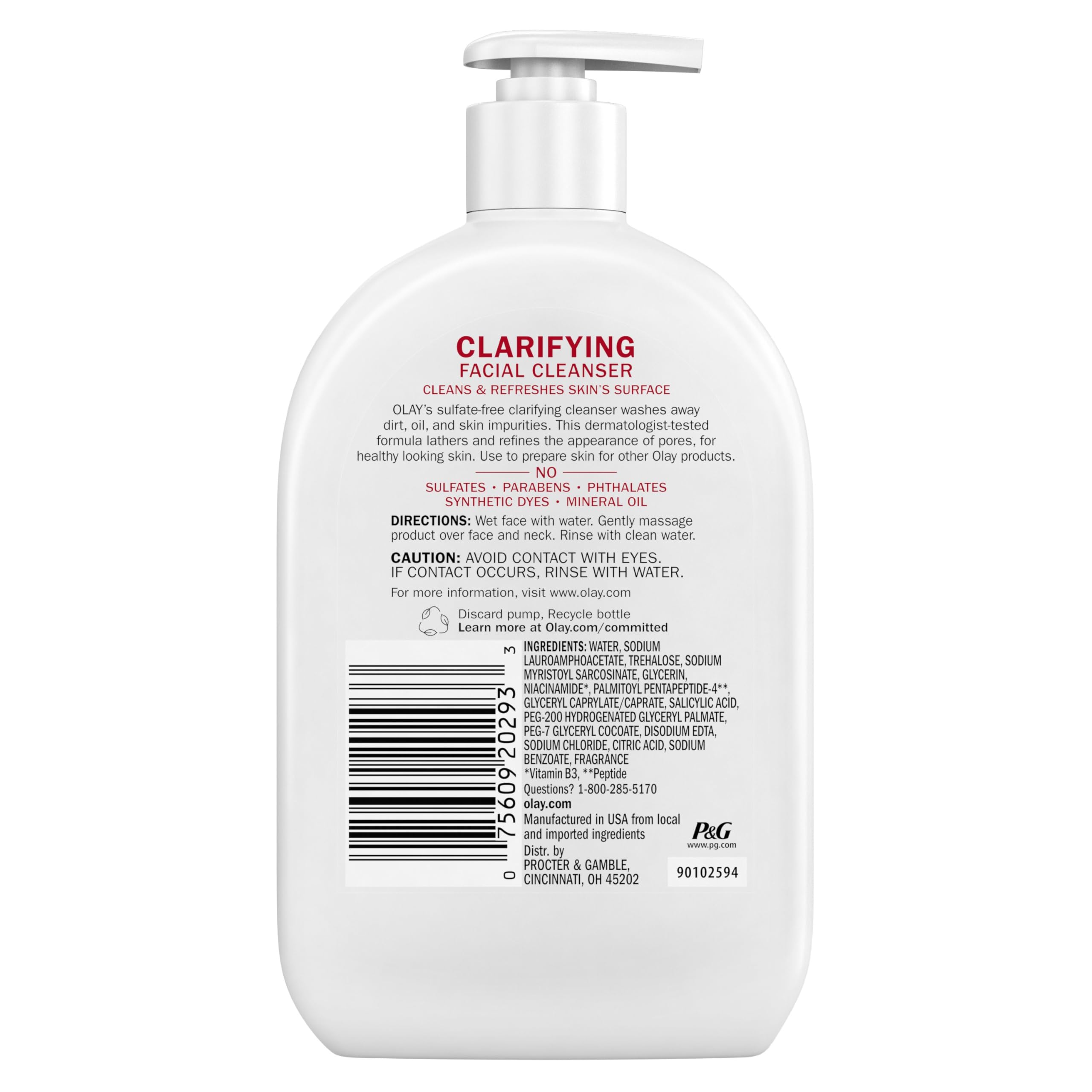 Olay Face Wash, Daily Facial Cleanser with Niacinamide, Peptides & Glycerin - Clarifying, Refreshes Skin Surface, Refines Appearance of Pores - Sulfate-Free, Paraben-Free, Oil-Free, 16 Oz