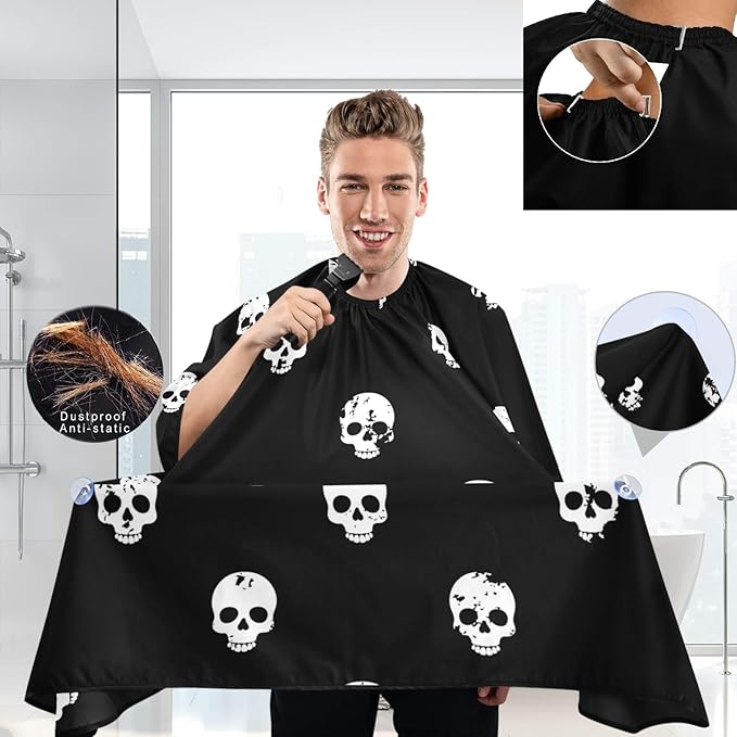 visesunny Barber Cape White Skull Black Pattern Polyester Hair Cutting Salon Cape Apron Anti-Static Haircut Shaving Cloth Beard Shaving Bib Hairdressing Cape