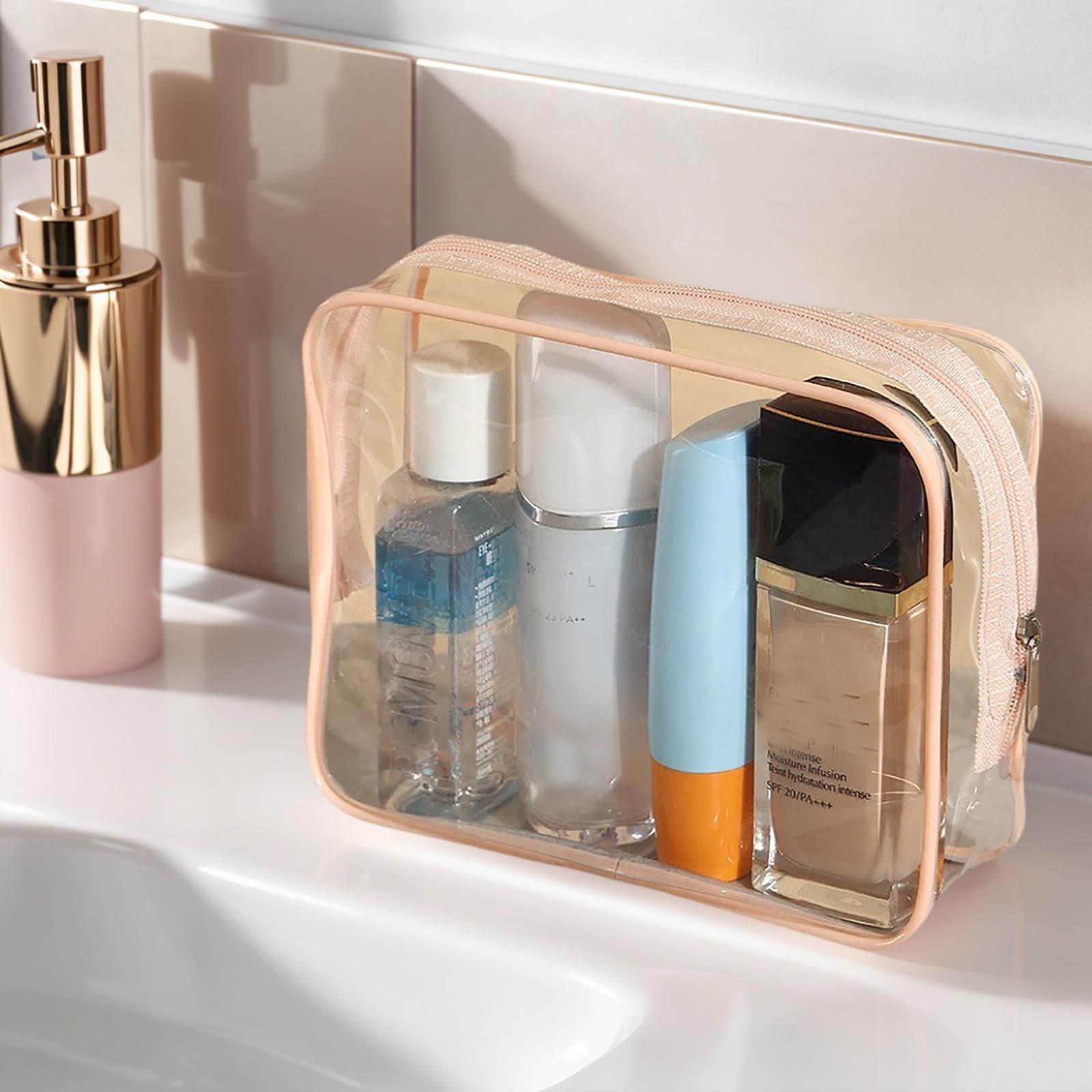 20 Packs Clear Cosmetics Bags for Women Men Waterproof Toiletry Bags PVC Makeup Bags Organizer Case with Zipper for Travel Bathroom (20 Pink Colors)