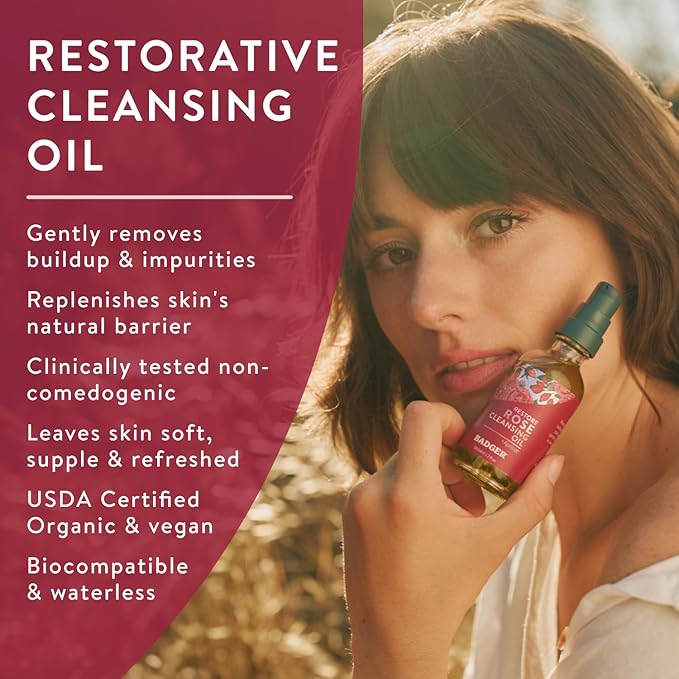 Badger Rose Face Cleansing Oil, Organic Facial Oil Cleanser & Makeup Remover, Oil Cleansing Method, Non-Greasy Moisturizing Skin Balancing Gentle Face Cleanser w/Pure Rose Oil, 2 fl oz Glass Bottle