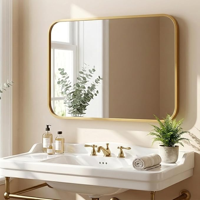Pocetry 2-Pack 24x36 Inch Antique Gold Rounded Rectangle Vanity Mirrors