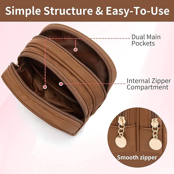 XIAOLER Small Makeup Pouch, Double Zipper Cosmetic Bag, Travel Makeup Bag, Cute Makeup Bag for Purse, Mini Toiletry Bag (Chocolate)