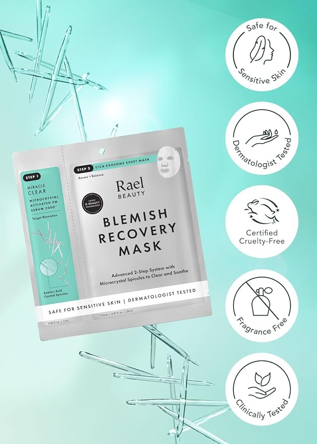 Rael Face Mask – Deep Hydration & Moisturizing Sheet Masks, Daily Skincare, Advanced PM Routine for Glowing Skin, Korean Skin Care (2-Step Blemish Recovery, 4 Count)