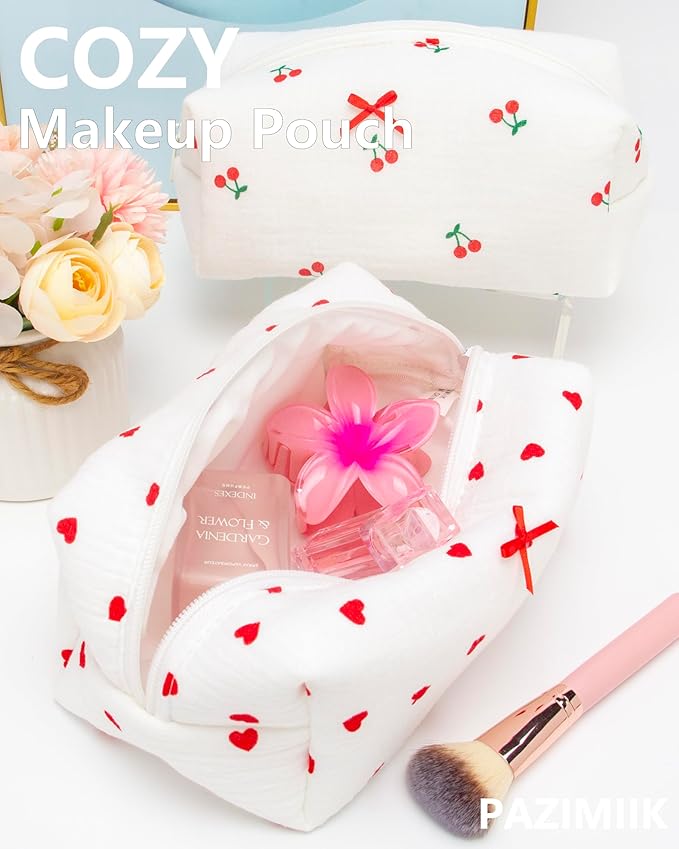 PAZIMIIK Cozy Makeup Bag for Women,Zipper Cosmetic Pouch,Gauze Heart