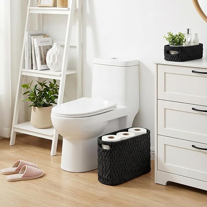Boho Toilet Paper Storage Baskets, Cotton Rope Woven Bathroom Basket Set of 2, Standing Toilet Paper Holder for 6 Mega Rolls,Storage Bins for Toilet Tank Top, Bathroom Organizer Decor (Black 2 Pack)