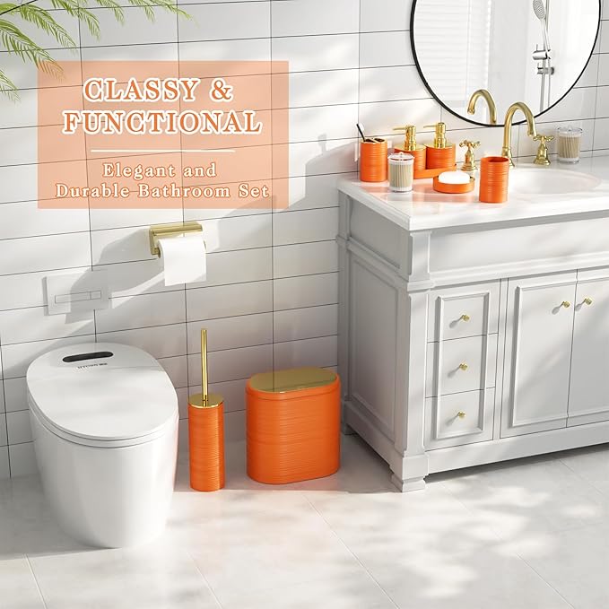 InnJoey Bathroom Set, 10PC Bathroom Accessory Set, Orange Bathroom Accessories, Orange and Gold Bathroom Set with Trash Can, Soap Dispensers