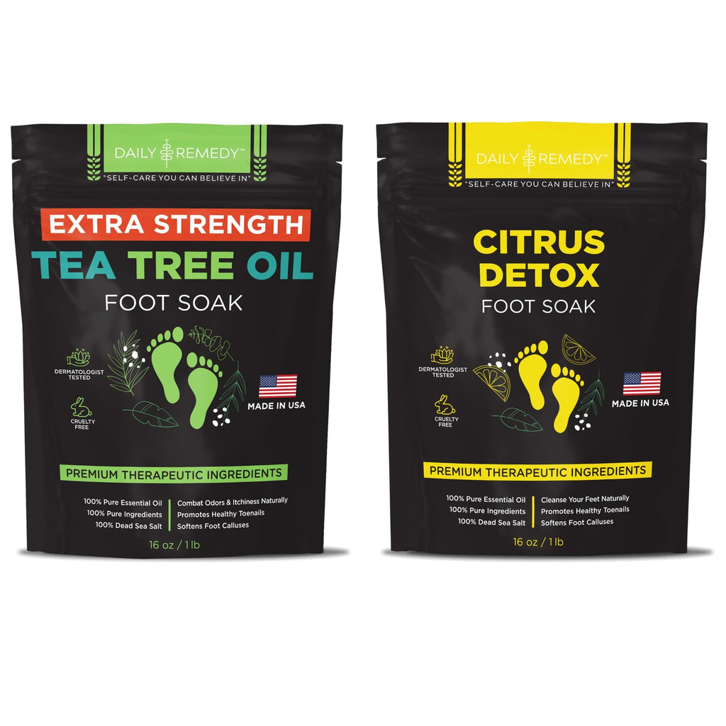 DAILY REMEDY EXTRA STRENGTH Tea Tree Oil & Citrus Detox Foot Soak Set - Made in USA - Soothes Sore Tired Feet, Athletes Foot, Stubborn Foot Odor, Softens Calluses & Refreshes & Detoxifies - Pack of 2