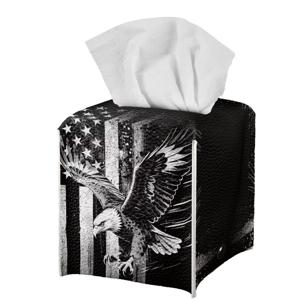 Pzuqiu American Flag Eagle Portable Tissue Box Holder, Lightweight PU Leather Square Tissue Cover with Metal Button, Easy Refill Waterproof Napkin Dispenser for Travel, Car, Office, and Bedroom