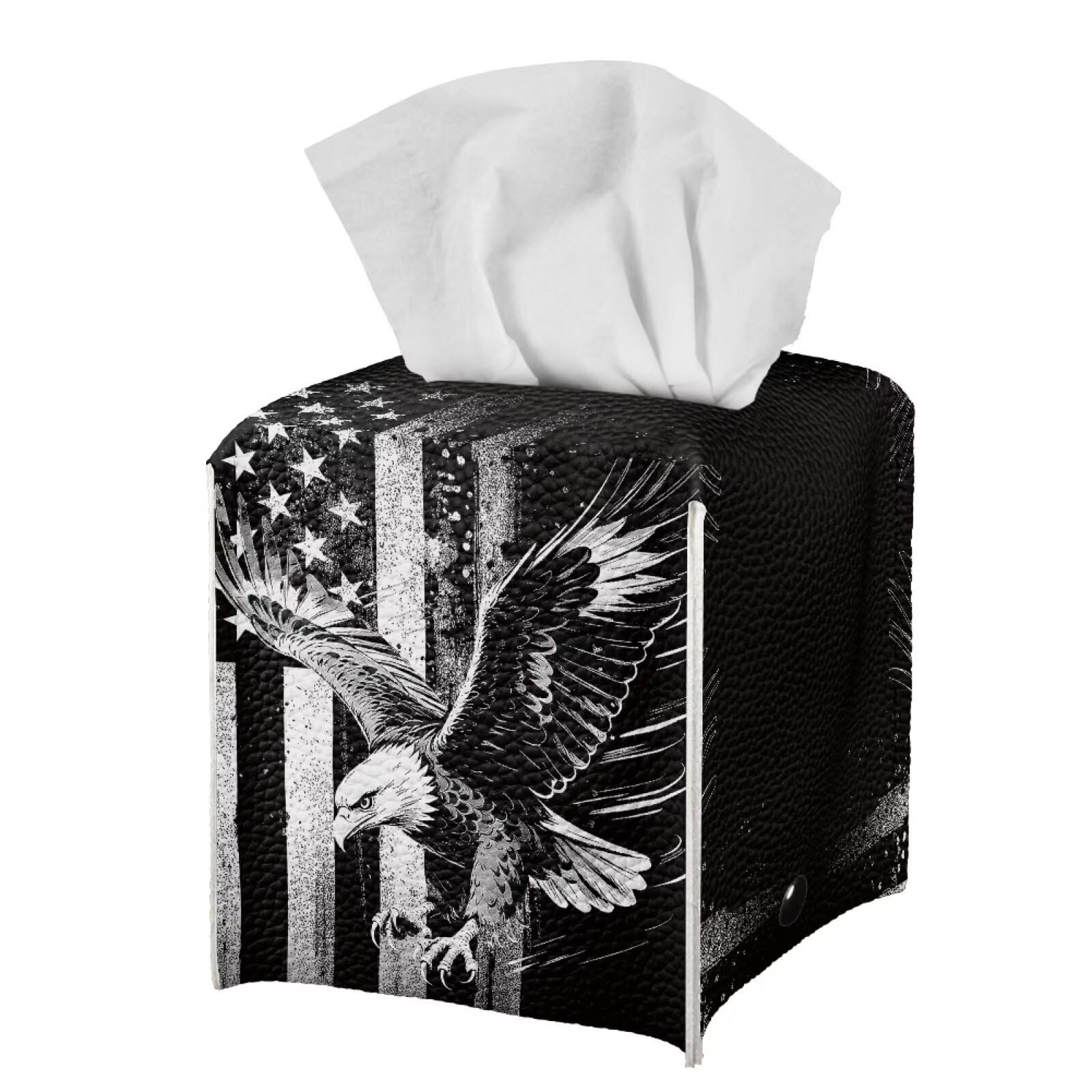 Pzuqiu American Flag Eagle Portable Tissue Box Holder, Lightweight PU Leather Square Tissue Cover with Metal Button, Easy Refill Waterproof Napkin Dispenser for Travel, Car, Office, and Bedroom