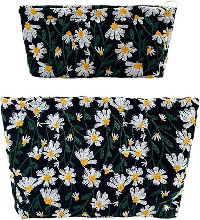 RIKMOXR 2 Pcs Makeup Bags, Large Cosmetic Bag Travel Toiletry Bag Organizer for Women, Embroidery Craft, Floral Makeup Bag Small Cosmetic Pouch Purse with Zipper Gifts for Girls Teen