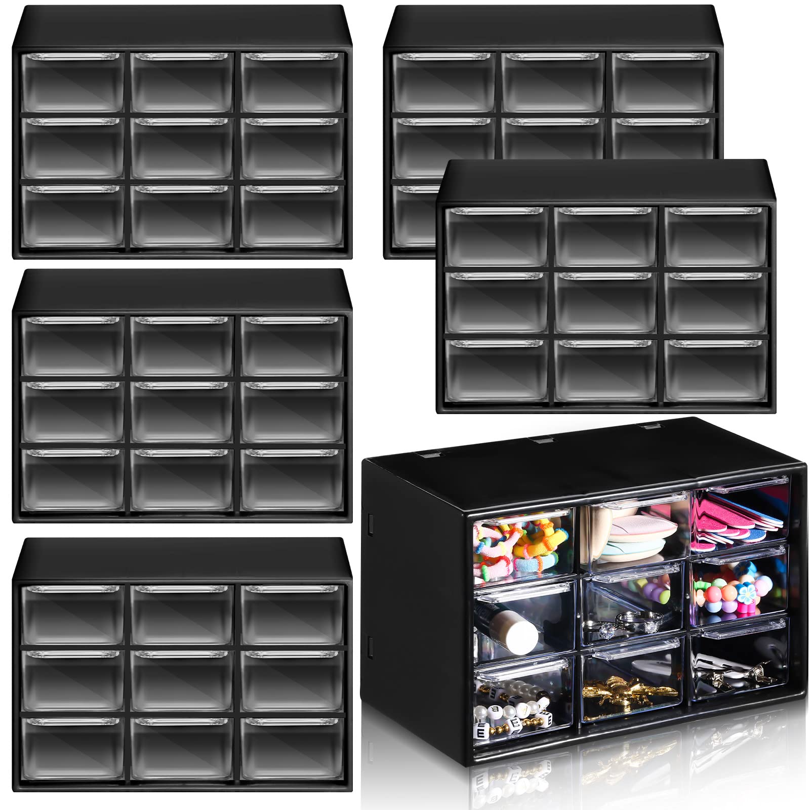 Amyhill 6 Pcs Mini Drawer Organizer Small Organizer with 9 Drawers Plastic Desktop Craft Storage Box for Office Home Room Jewelry Cosmetics Collection(Black)
