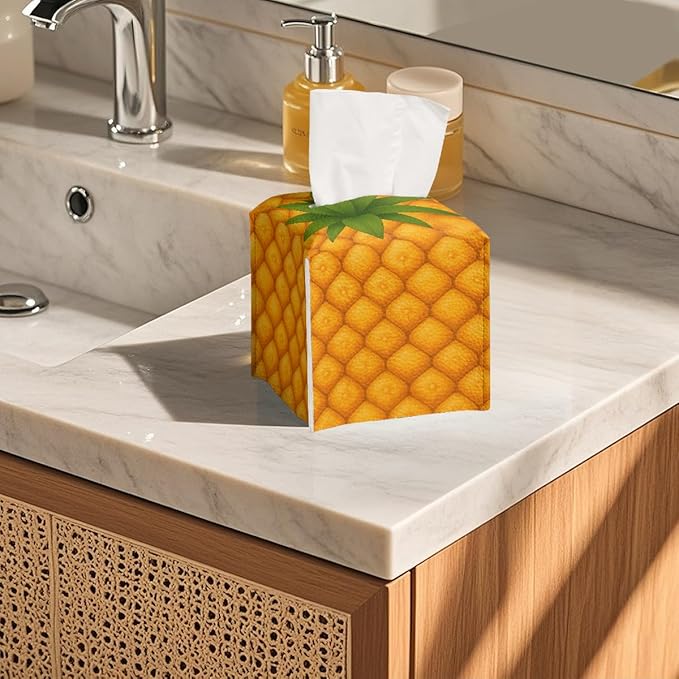 Funny Fruit Tissue Box Cover Summer Cute Yellow Pineapple Leather Tissue Box Holder Square Facial Paper Organizer Dispenser for Car Bathroom Bedroom Office Tabletop Decor