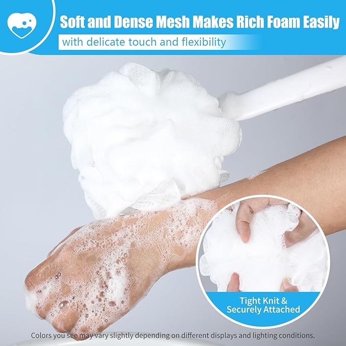 VANZAVANZU Loofah Sponge Set Back Scrubber for Shower, Anti-Slip Plastic 17" Handle Loofah on a Stick with Fluffy Shower Sponge, PE Soft Mesh Shower Loofahs-White