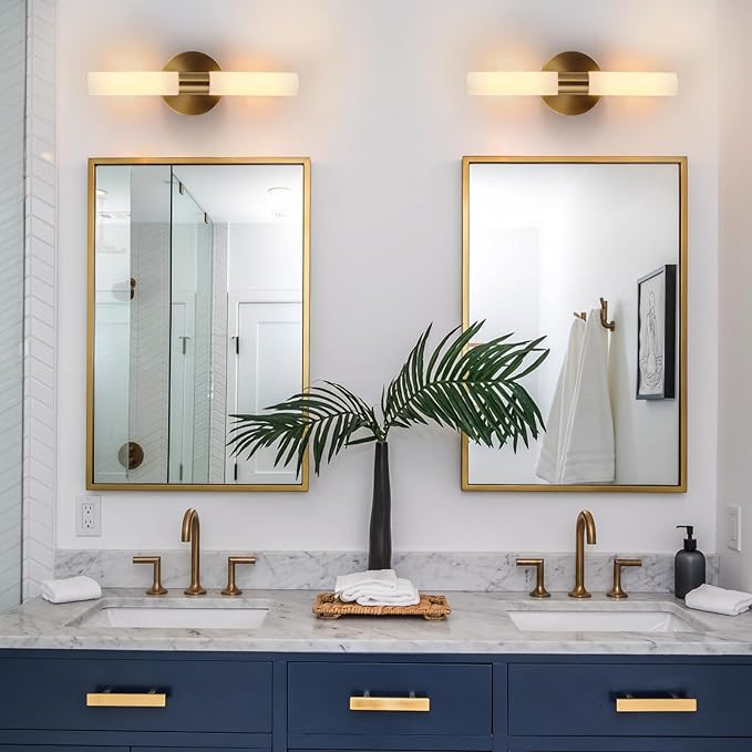 Wall Sconces Set of Two, Brass Gold Bathroom Sconces Wall Lighting with White Glass, Modern Sconces Wall Decor Set of 2 Wall Light fixtures for Bathroom Mirror Living Room Hallway Wall Lamp