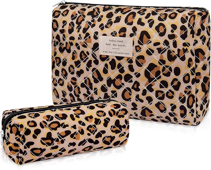 Gosect 2PC Makeup Bag Set, Cute Cosmetic Bag for Women Girls, Floral Coquette Aesthetic Toiletry Bag, Travel Make Up Organizer Bag (Leopard Print)