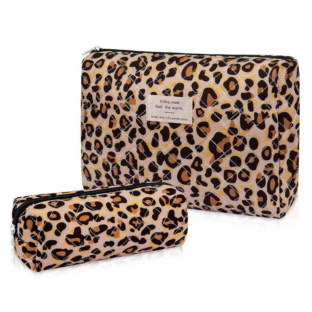 Gosect 2PC Makeup Bag Set, Cute Cosmetic Bag for Women Girls, Floral Coquette Aesthetic Toiletry Bag, Travel Make Up Organizer Bag (Leopard Print)