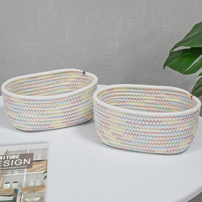 【2 Pack】ABenkle Small Woven Baskets, Tiny Oval Shallow Storage Baskets, Mini Cotton Rope Empty Decorative Basket, Boho Little Organizer Bins for Bathroom, Cat Dog Toy Gifts Baskets