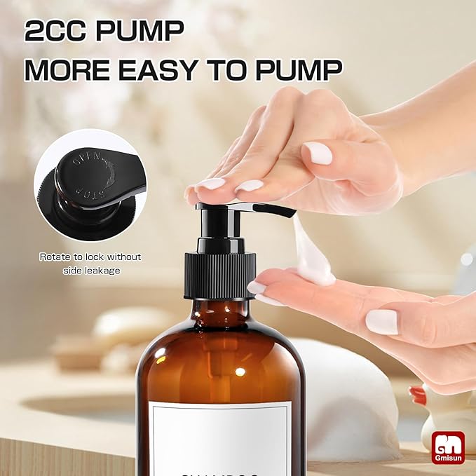 GMISUN Glass Shampoo and Conditioner Dispenser, Shower Soap Dispenser Bottles with Labels, Refillable Shampoo Conditioner Body Wash Dispensers, Amber Glass Soap Pump Dispenser Set for Bathroom Shower