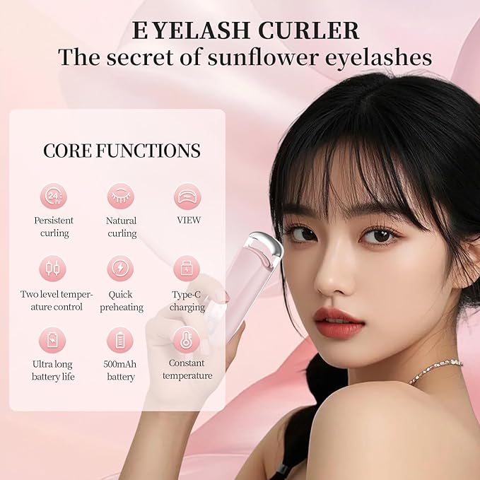 Hsenowi Heated Eyelash Curler for Natural Lashes 2 Level Adjustable Temperature Mini Electric Lash Curler Fast 3 Second Heat Up 24 Hours Long Lasting Curl (Pink Purple)
